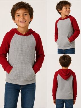 Kids Red & Gray Hooded Waffle Pullover